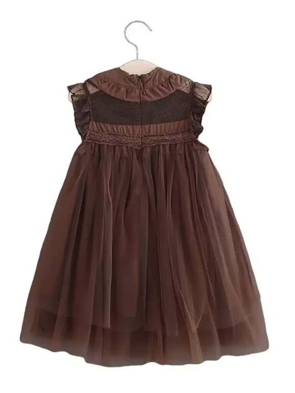 Flower Girl Dress Cotton Blend Cut Out Designed Neckline Sleeveless Brown