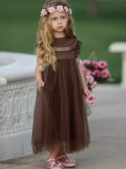 Flower Girl Dress Cotton Blend Cut Out Designed Neckline Sleeveless Brown