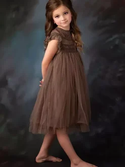Flower Girl Dress Cotton Blend Cut Out Designed Neckline Sleeveless Brown
