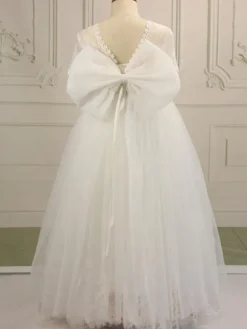 Flower Girl Dress Cotton Blend Ruffles Jewel Neck Short Sleeves White