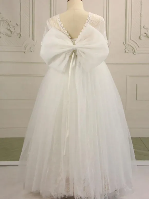 Flower Girl Dress Cotton Blend Ruffles Jewel Neck Short Sleeves White