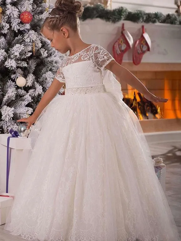 Flower Girl Dress Cotton Blend Ruffles Jewel Neck Short Sleeves White
