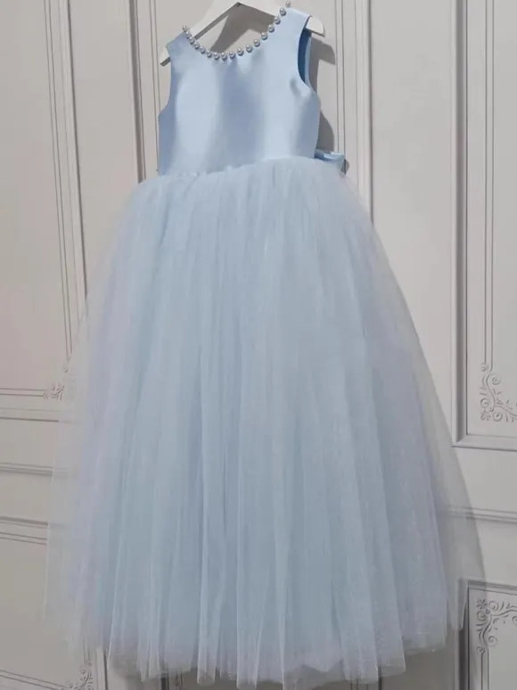 Flower Girl Dresses Baby Blue Tulle Sleeveless Jewel Neck Flower Girl Dresses