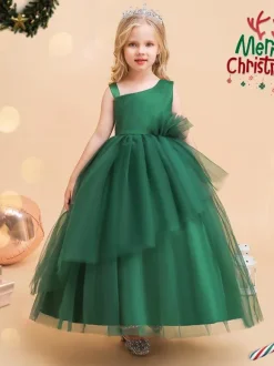 Flower Girl Dresses Green Christmas Tulle Sleeveless Designed Neckline Flower Girl Dresses