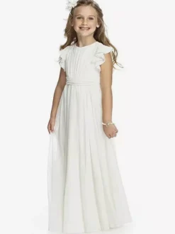Flower Girl Dresses Ivory Chiffon Short Sleeves Jewel Neck Flower Girl Dresses