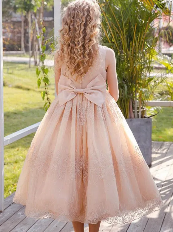Flower Girl Dresses Baby Blue Jewel Neck Sleeveless Bows Lace Tulle Kids Social Party Dresses