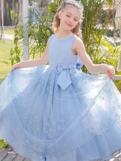 Flower Girl Dresses Baby Blue Jewel Neck Sleeveless Bows Lace Tulle Kids Social Party Dresses