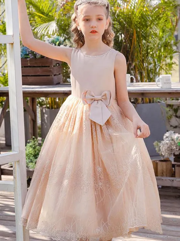 Flower Girl Dresses Baby Blue Jewel Neck Sleeveless Bows Lace Tulle Kids Social Party Dresses
