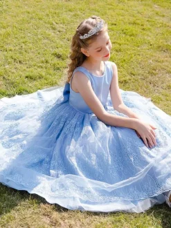 Flower Girl Dresses Baby Blue Jewel Neck Sleeveless Bows Lace Tulle Kids Social Party Dresses