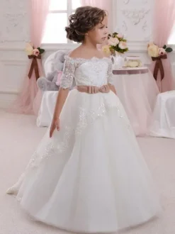 Flower Girl Dresses Bateau Neck Lace Half Sleeves Ankle Length Princess Silhouette Bows Kids Formal Pageant Dresses