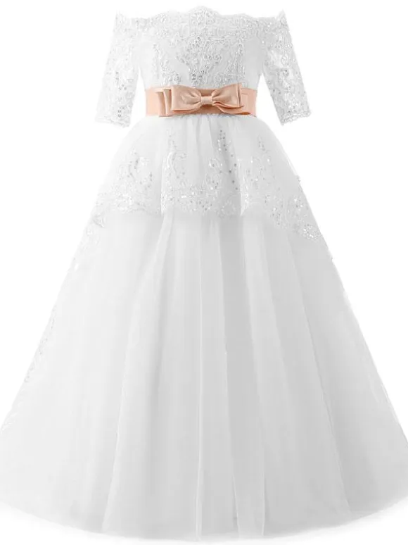 Flower Girl Dresses Bateau Neck Lace Half Sleeves Ankle Length Princess Silhouette Bows Kids Formal Pageant Dresses
