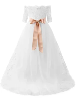 Flower Girl Dresses Bateau Neck Lace Half Sleeves Ankle Length Princess Silhouette Bows Kids Formal Pageant Dresses