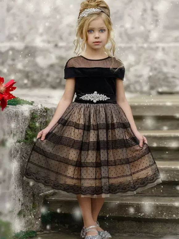Flower Girl Dresses Black Polyester Short Sleeves Jewel Neck Flower Girl Dresses