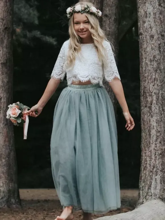 Flower Girl Dresses Blue Gray Tulle Half Sleeves Jewel Neck Flower Girl Dresses