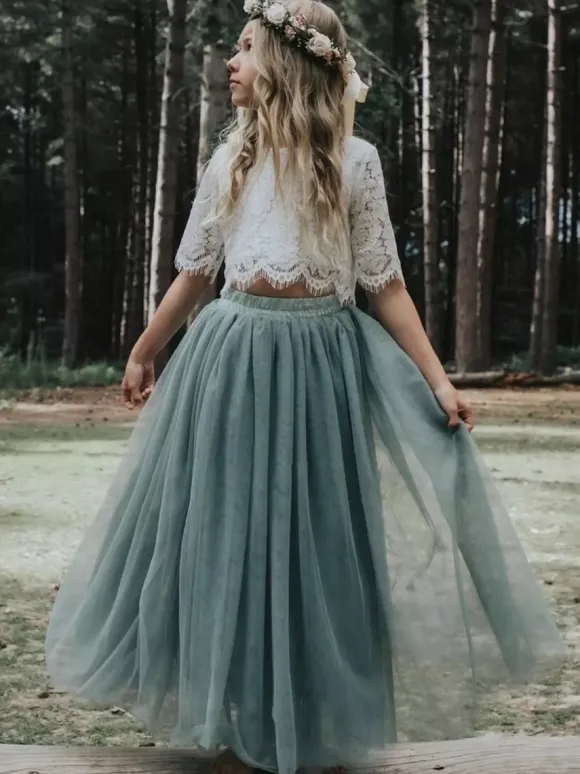 Flower Girl Dresses Blue Gray Tulle Half Sleeves Jewel Neck Flower Girl Dresses