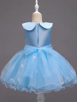 Flower Girl Dresses Blue Jewel Neck Sleeveless Bows Tulle Cotton Flowers Kids Social Party Dresses
