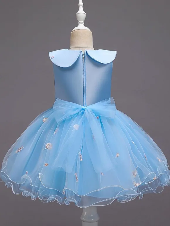 Flower Girl Dresses Blue Jewel Neck Sleeveless Bows Tulle Cotton Flowers Kids Social Party Dresses