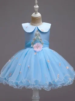 Flower Girl Dresses Blue Jewel Neck Sleeveless Bows Tulle Cotton Flowers Kids Social Party Dresses