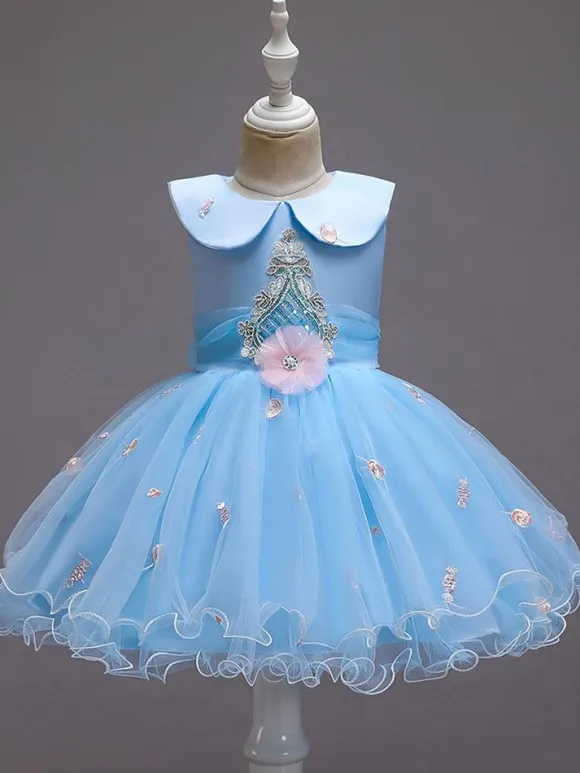 Flower Girl Dresses Blue Jewel Neck Sleeveless Bows Tulle Cotton Flowers Kids Social Party Dresses