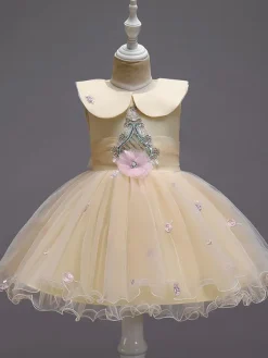 Flower Girl Dresses Blue Jewel Neck Sleeveless Bows Tulle Cotton Flowers Kids Social Party Dresses