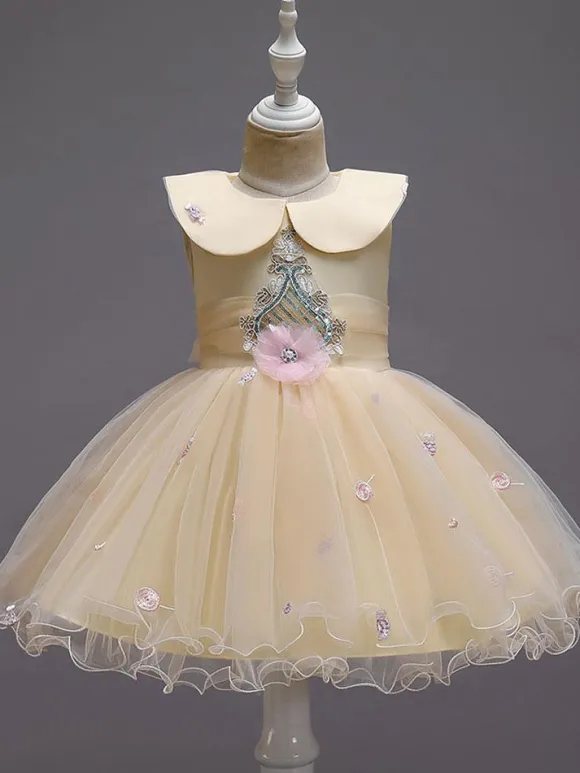 Flower Girl Dresses Blue Jewel Neck Sleeveless Bows Tulle Cotton Flowers Kids Social Party Dresses