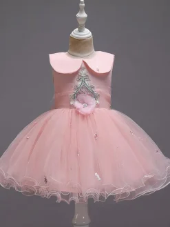 Flower Girl Dresses Blue Jewel Neck Sleeveless Bows Tulle Cotton Flowers Kids Social Party Dresses
