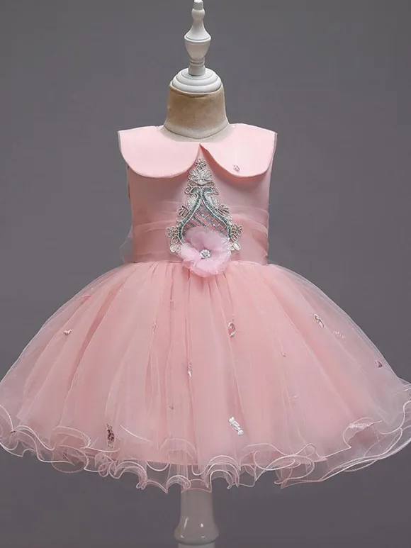 Flower Girl Dresses Blue Jewel Neck Sleeveless Bows Tulle Cotton Flowers Kids Social Party Dresses