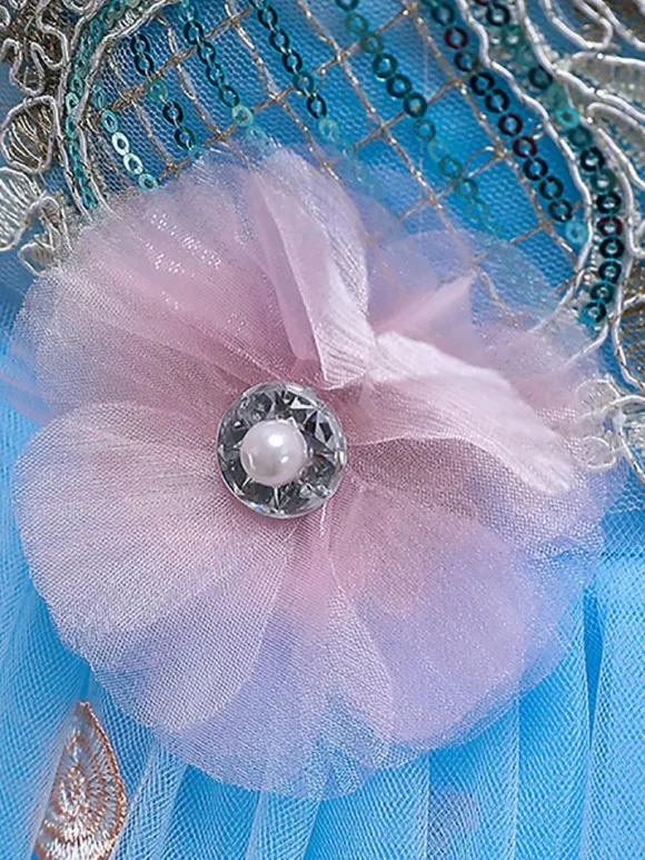 Flower Girl Dresses Blue Jewel Neck Sleeveless Bows Tulle Cotton Flowers Kids Social Party Dresses