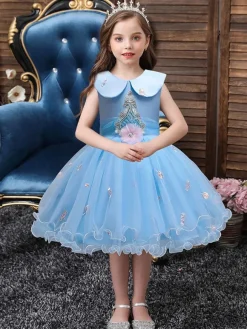 Flower Girl Dresses Blue Jewel Neck Sleeveless Bows Tulle Cotton Flowers Kids Social Party Dresses
