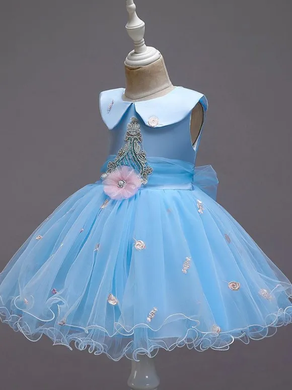 Flower Girl Dresses Blue Jewel Neck Sleeveless Bows Tulle Cotton Flowers Kids Social Party Dresses