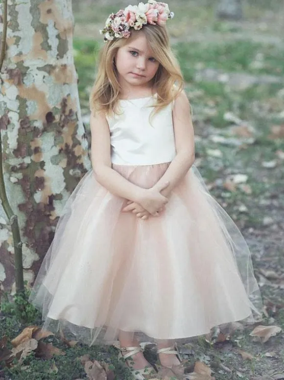 Flower Girl Dresses Champagne Jewel Neck Sleeveless Formal Kids Pageant Dresses