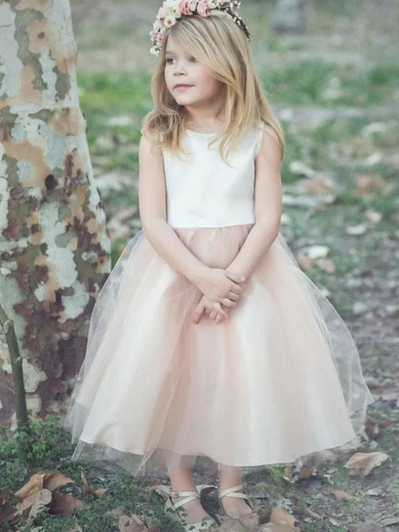 Flower Girl Dresses Champagne Jewel Neck Sleeveless Formal Kids Pageant Dresses