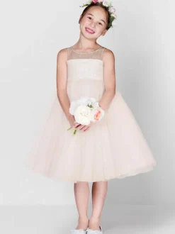 Flower Girl Dresses Champagne Tulle Jewel Neck Sleeveless Sequins Kids Social Party Dresses