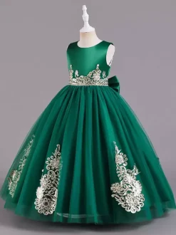 Flower Girl Dresses Green Satin Fabric Sleeveless Jewel Neck Flower Girl Dresses