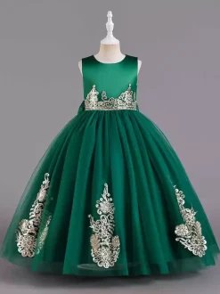 Flower Girl Dresses Green Satin Fabric Sleeveless Jewel Neck Flower Girl Dresses