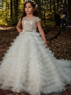 Flower Girl Dresses Jewel Neck Short Sleeves Embroidered Kids Party Dresses