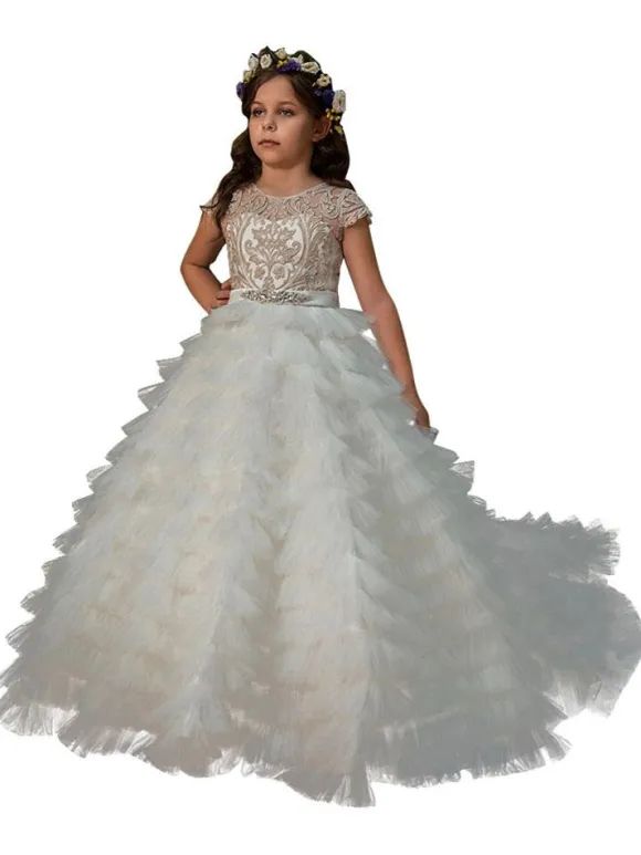 Flower Girl Dresses Jewel Neck Short Sleeves Embroidered Kids Party Dresses