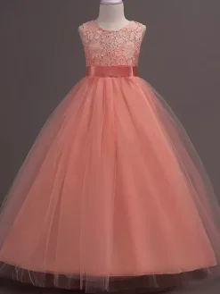 Flower Girl Dresses Jewel Neck Sleeveless Floor Length Bows Formal Kids Pageant Party Dresses