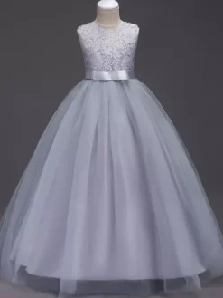 Flower Girl Dresses Jewel Neck Sleeveless Floor Length Bows Formal Kids Pageant Party Dresses