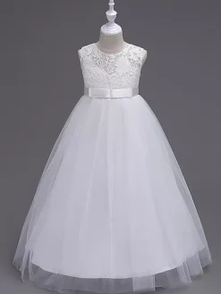 Flower Girl Dresses Jewel Neck Sleeveless Floor Length Bows Formal Kids Pageant Party Dresses