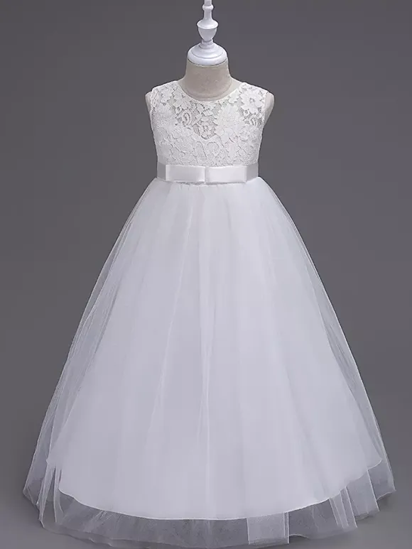 Flower Girl Dresses Jewel Neck Sleeveless Floor Length Bows Formal Kids Pageant Party Dresses