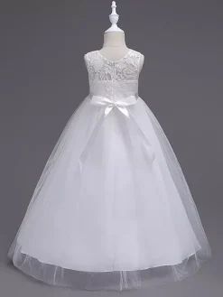 Flower Girl Dresses Jewel Neck Sleeveless Floor Length Bows Formal Kids Pageant Party Dresses