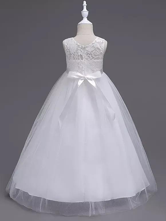Flower Girl Dresses Jewel Neck Sleeveless Floor Length Bows Formal Kids Pageant Party Dresses