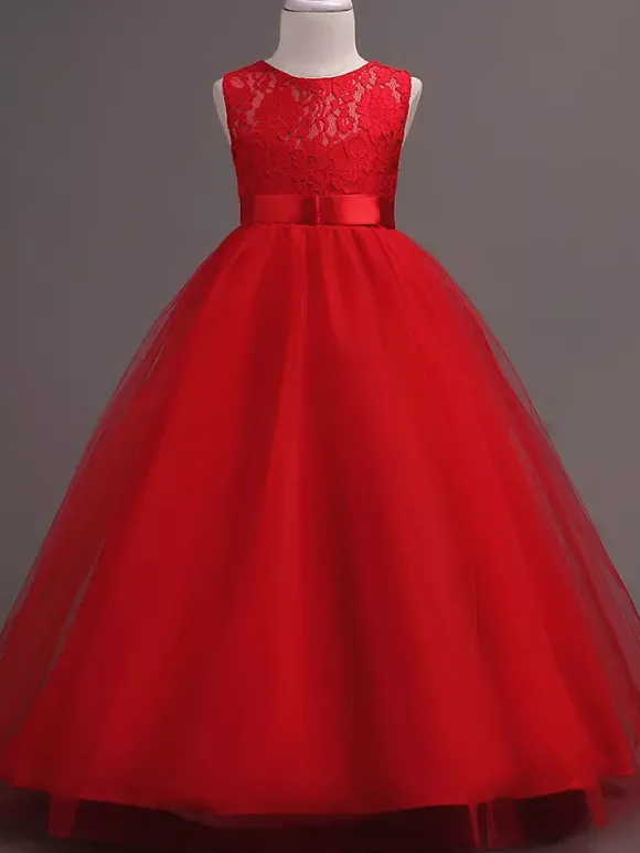 Flower Girl Dresses Jewel Neck Sleeveless Floor Length Bows Formal Kids Pageant Party Dresses