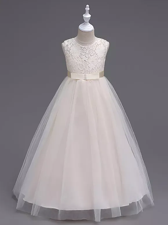 Flower Girl Dresses Jewel Neck Sleeveless Floor Length Bows Formal Kids Pageant Party Dresses