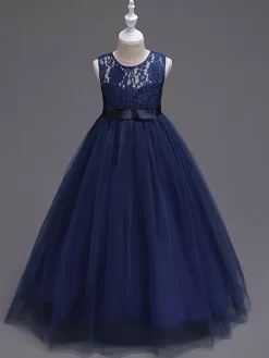 Flower Girl Dresses Jewel Neck Sleeveless Floor Length Bows Formal Kids Pageant Party Dresses