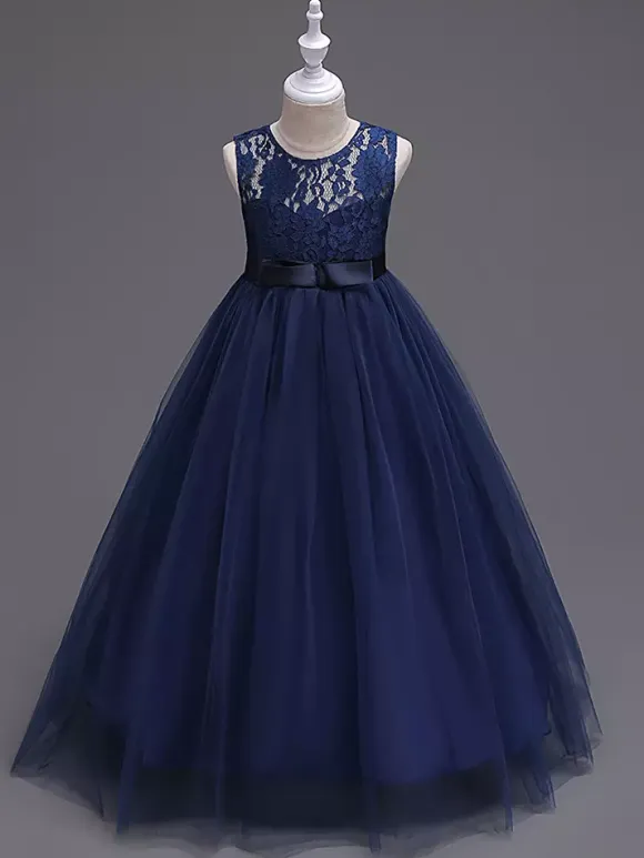 Flower Girl Dresses Jewel Neck Sleeveless Floor Length Bows Formal Kids Pageant Party Dresses
