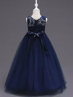 Flower Girl Dresses Jewel Neck Sleeveless Floor Length Bows Formal Kids Pageant Party Dresses