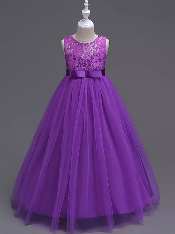 Flower Girl Dresses Jewel Neck Sleeveless Floor Length Bows Formal Kids Pageant Party Dresses