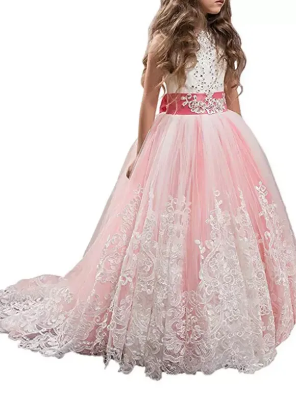 Flower Girl Dresses Jewel Neck Sleeveless Studded Formal Kids Pageant Dresses